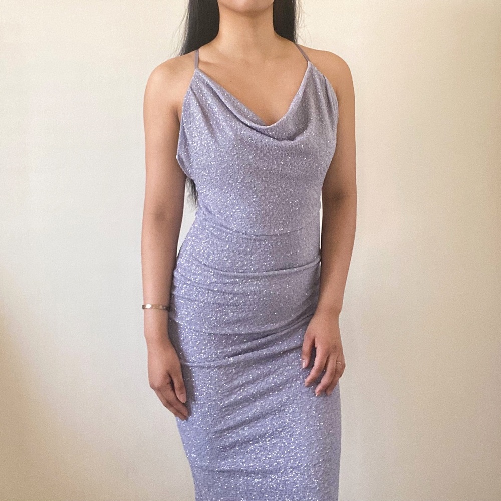 Sparkly Lavender Bodycon Formal Dress with Criss Cross Back and Cowl Neck